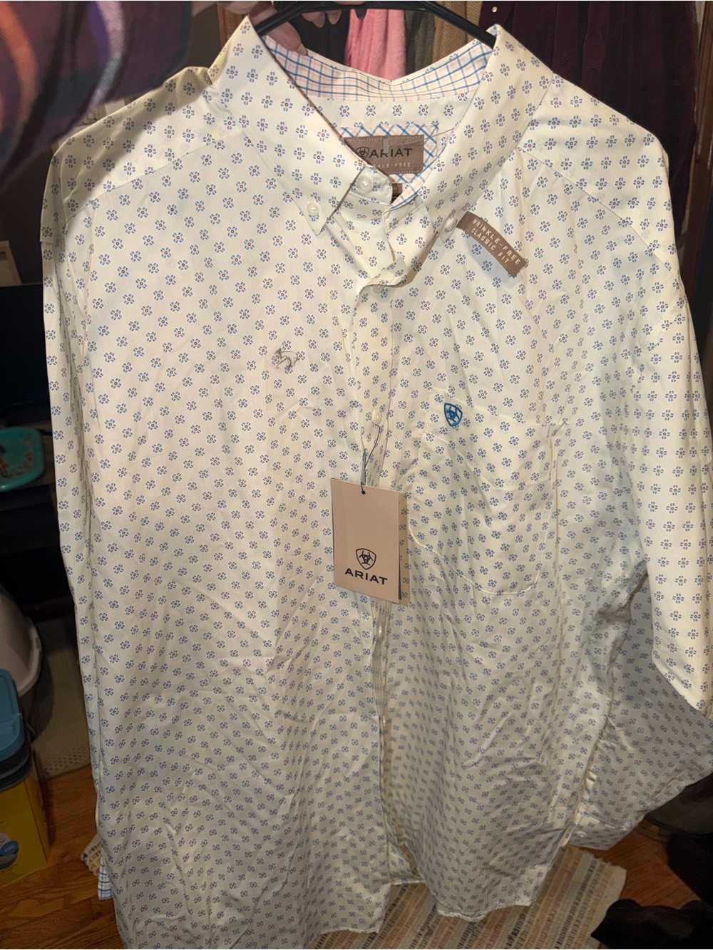 Ariat White Button-Down Shirt with Blue Micro Pattern
